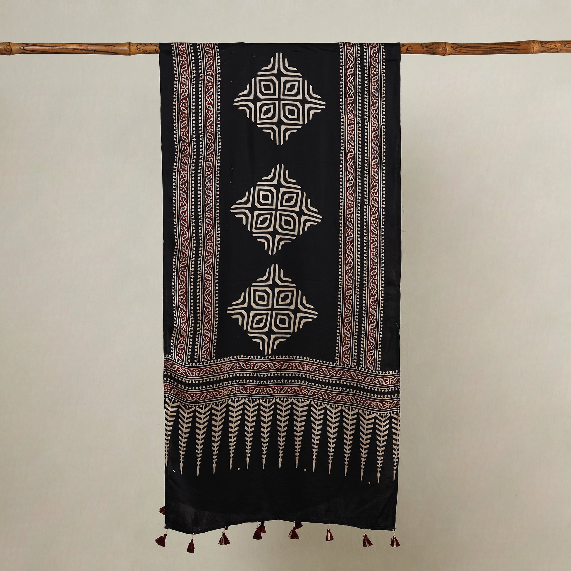 Black - Ajrakh Hand Block Printed Modal Silk Stole with Tassels