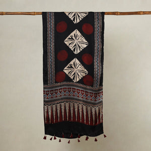 Black - Ajrakh Hand Block Printed Modal Silk Stole with Tassels