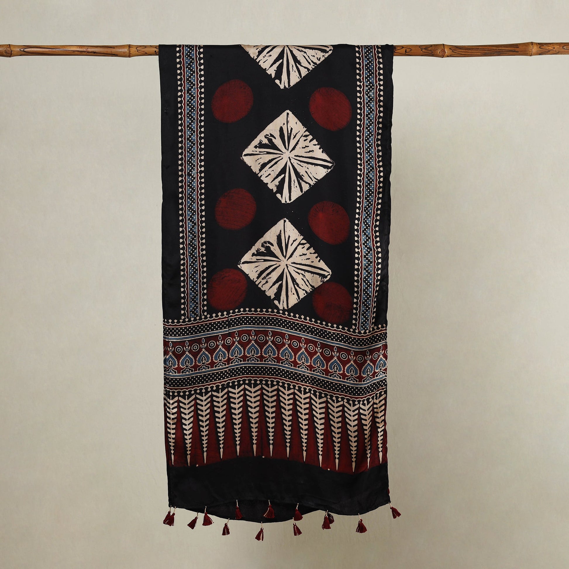 Black - Ajrakh Hand Block Printed Modal Silk Stole with Tassels
