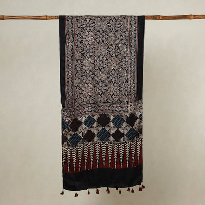 Black - Ajrakh Hand Block Printed Modal Silk Stole with Tassels