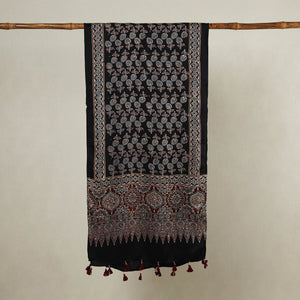 Black - Ajrakh Hand Block Printed Modal Silk Stole with Tassels