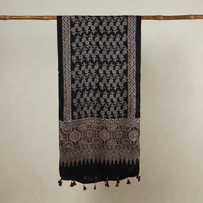 Black - Ajrakh Hand Block Printed Modal Silk Stole with Tassels