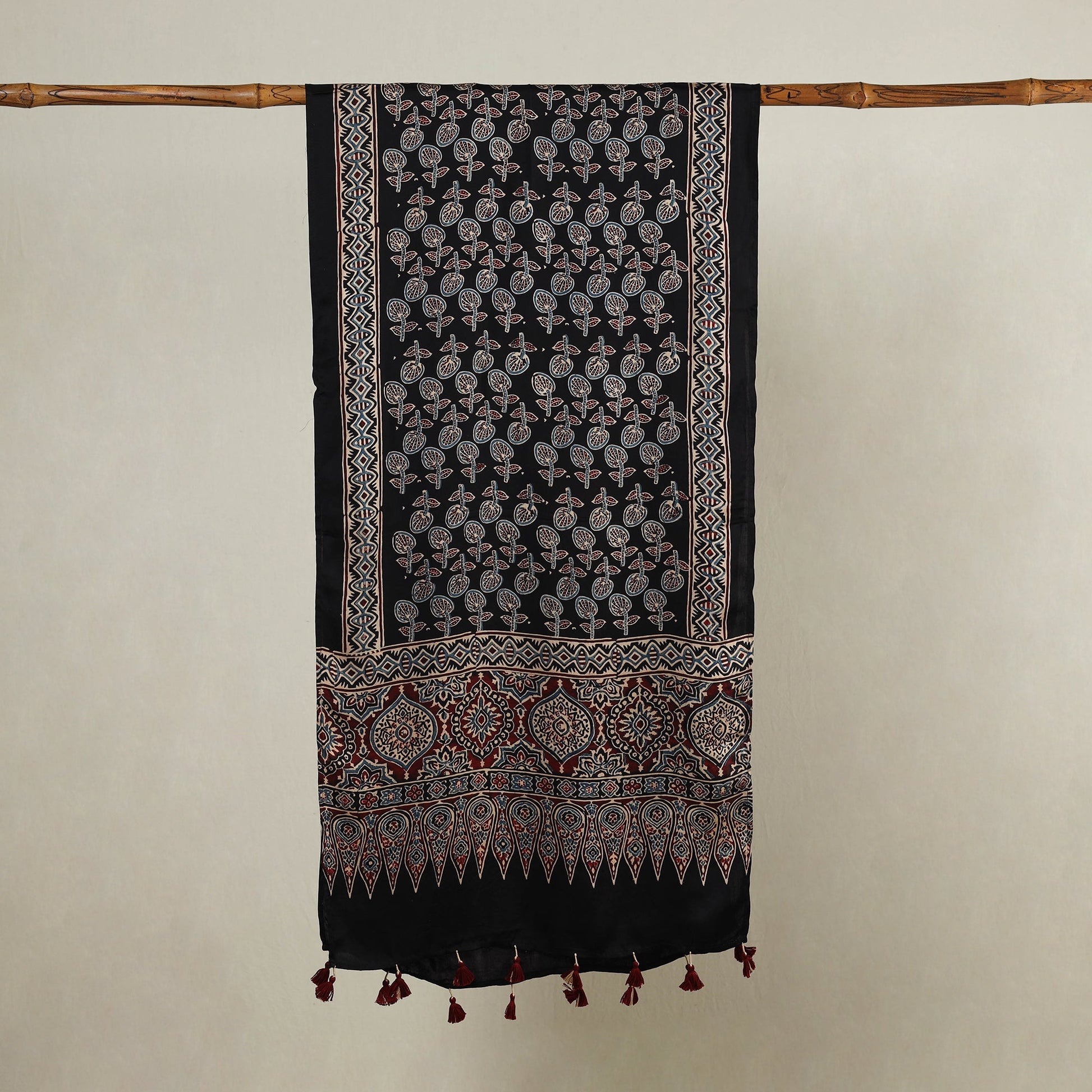 Black - Ajrakh Hand Block Printed Modal Silk Stole with Tassels