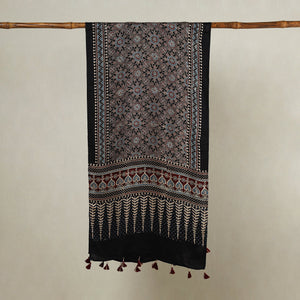 Black - Ajrakh Hand Block Printed Modal Silk Stole with Tassels