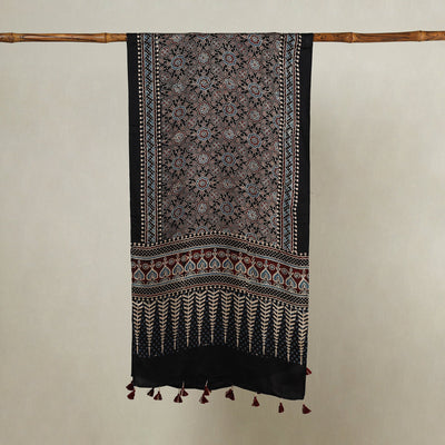 Black - Ajrakh Hand Block Printed Modal Silk Stole with Tassels