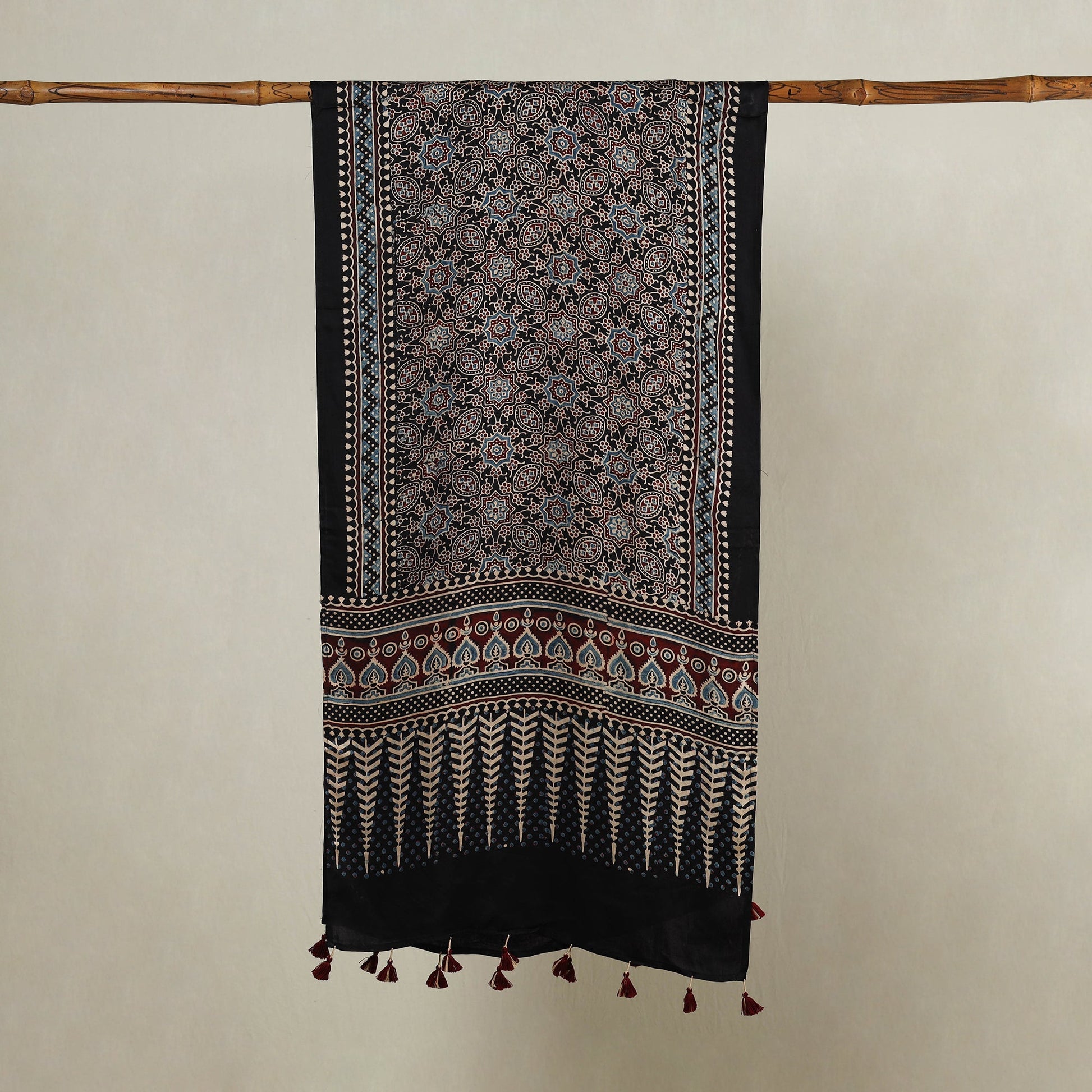 Black - Ajrakh Hand Block Printed Modal Silk Stole with Tassels