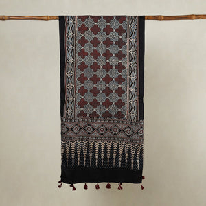 Black - Ajrakh Hand Block Printed Modal Silk Stole with Tassels