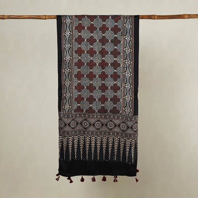 Black - Ajrakh Hand Block Printed Modal Silk Stole with Tassels