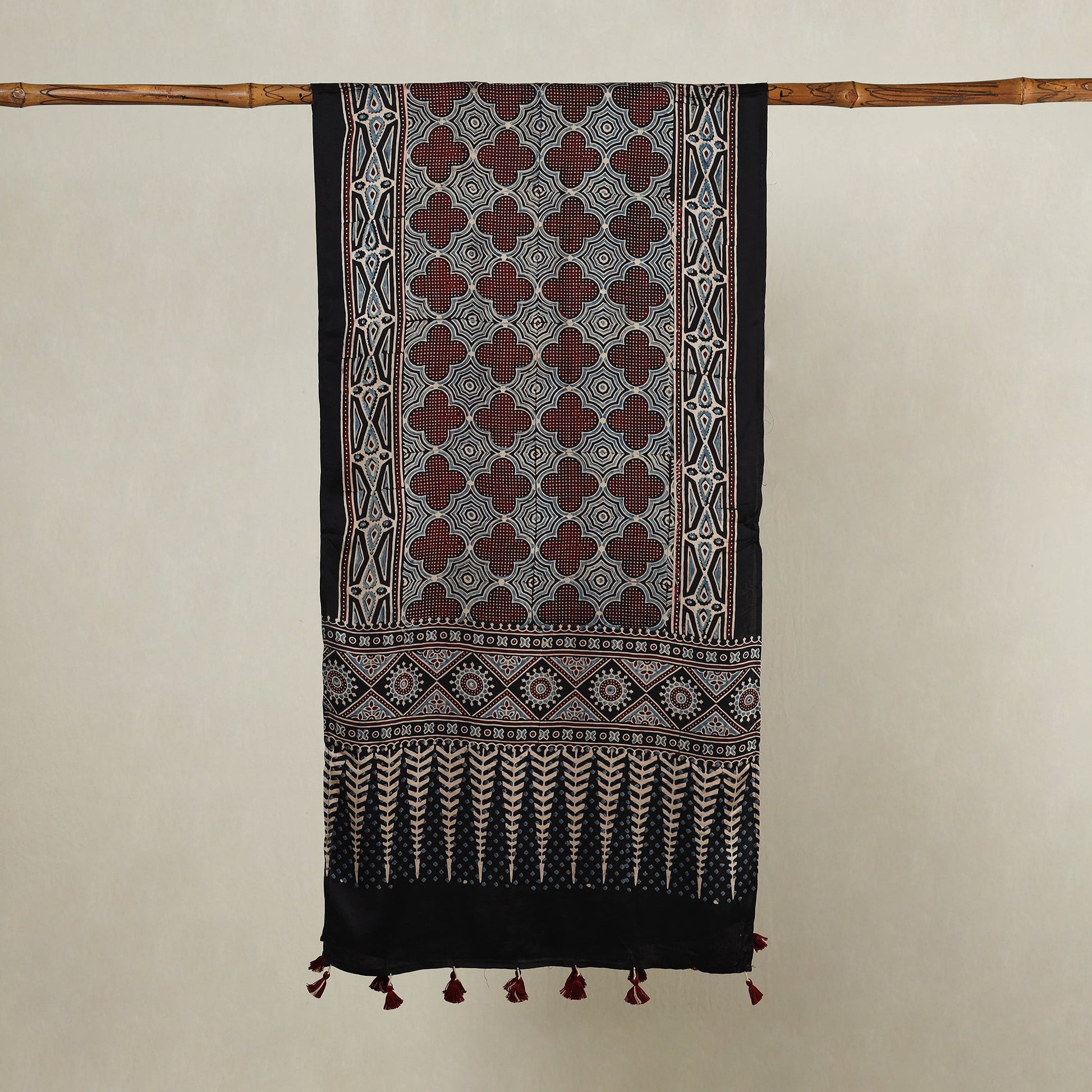 Black - Ajrakh Hand Block Printed Modal Silk Stole with Tassels