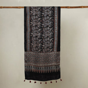 Black - Ajrakh Hand Block Printed Modal Silk Stole with Tassels