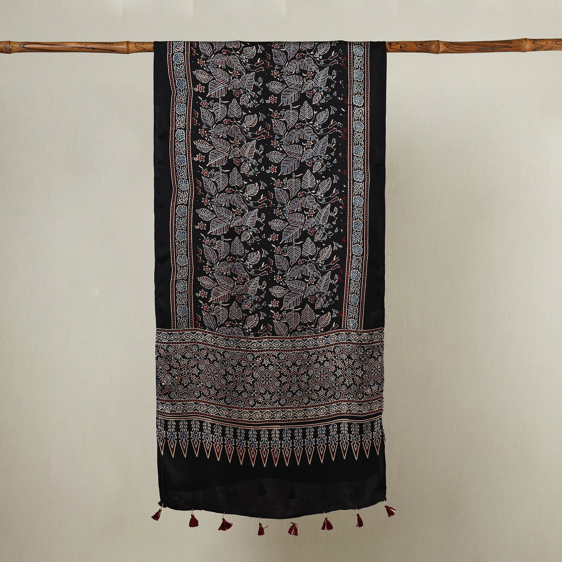 Black - Ajrakh Hand Block Printed Modal Silk Stole with Tassels