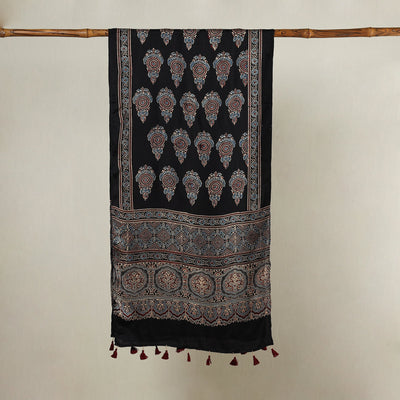 Black - Ajrakh Hand Block Printed Modal Silk Stole with Tassels