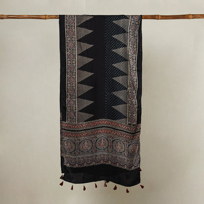 Black - Ajrakh Hand Block Printed Modal Silk Stole with Tassels