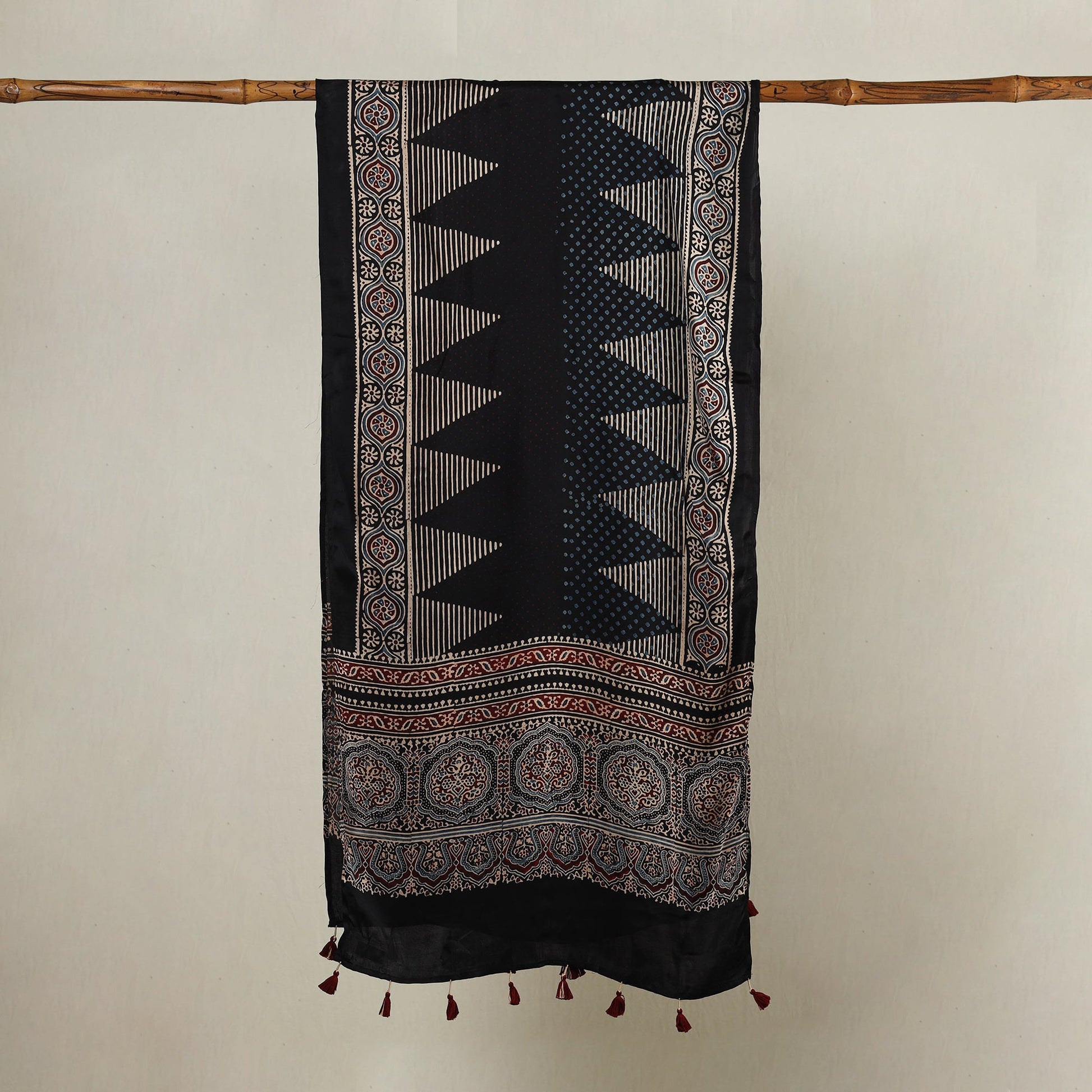 Black - Ajrakh Hand Block Printed Modal Silk Stole with Tassels
