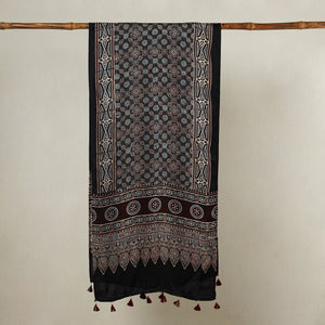 Black - Ajrakh Hand Block Printed Modal Silk Stole with Tassels