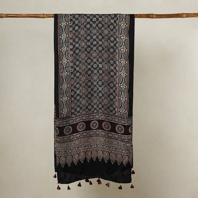 Black - Ajrakh Hand Block Printed Modal Silk Stole with Tassels