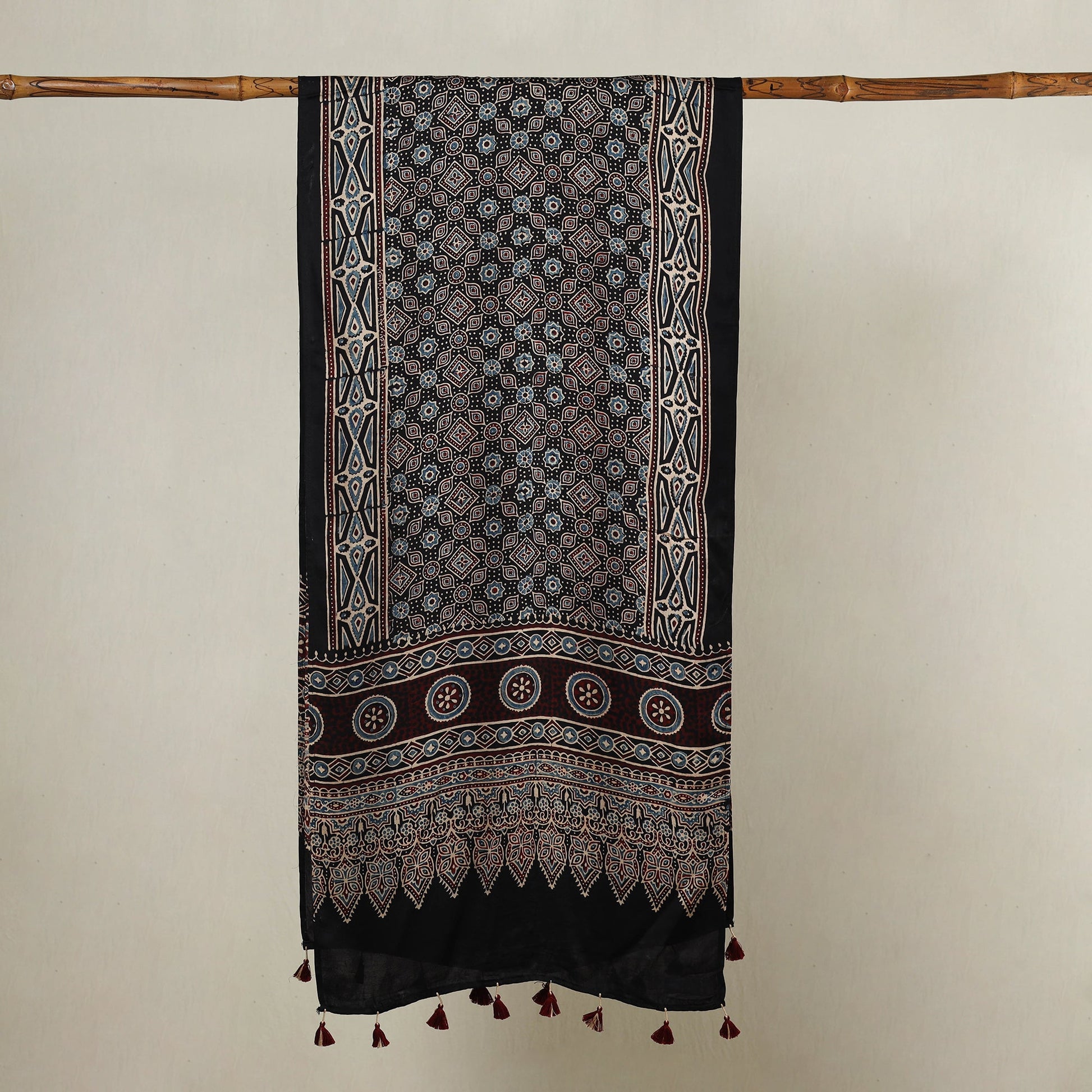 Black - Ajrakh Hand Block Printed Modal Silk Stole with Tassels