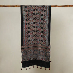 Black - Ajrakh Hand Block Printed Modal Silk Stole with Tassels