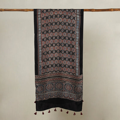 Black - Ajrakh Hand Block Printed Modal Silk Stole with Tassels