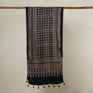 Black - Ajrakh Hand Block Printed Modal Silk Stole with Tassels