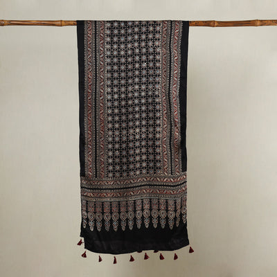 Black - Ajrakh Hand Block Printed Modal Silk Stole with Tassels
