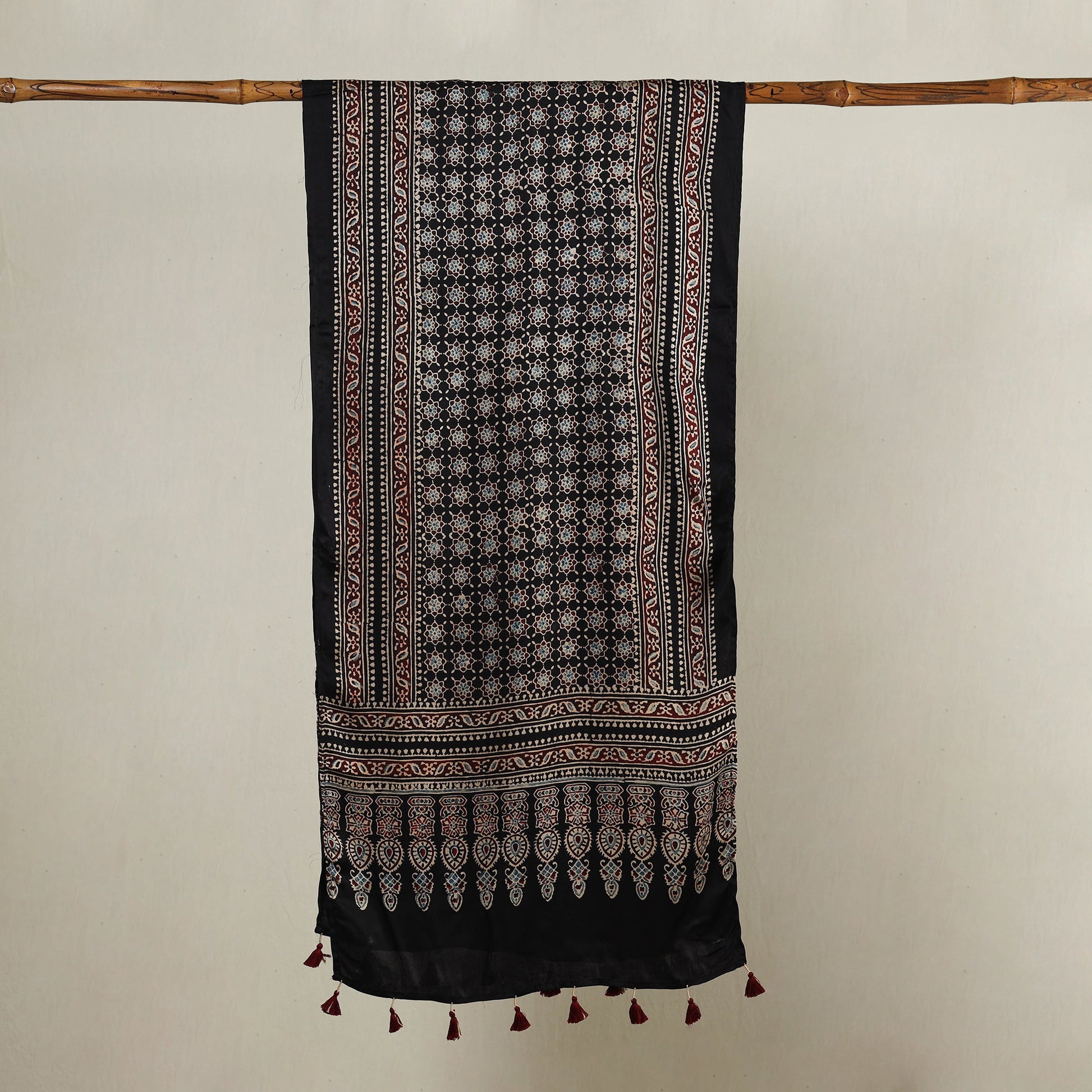 Black - Ajrakh Hand Block Printed Modal Silk Stole with Tassels