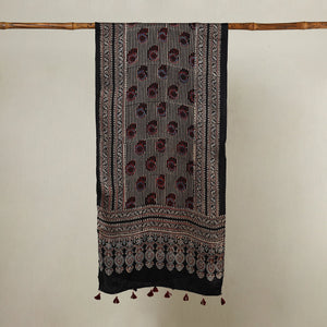 Black - Ajrakh Hand Block Printed Modal Silk Stole with Tassels