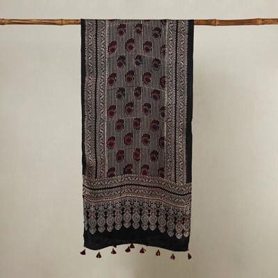 Black - Ajrakh Hand Block Printed Modal Silk Stole with Tassels
