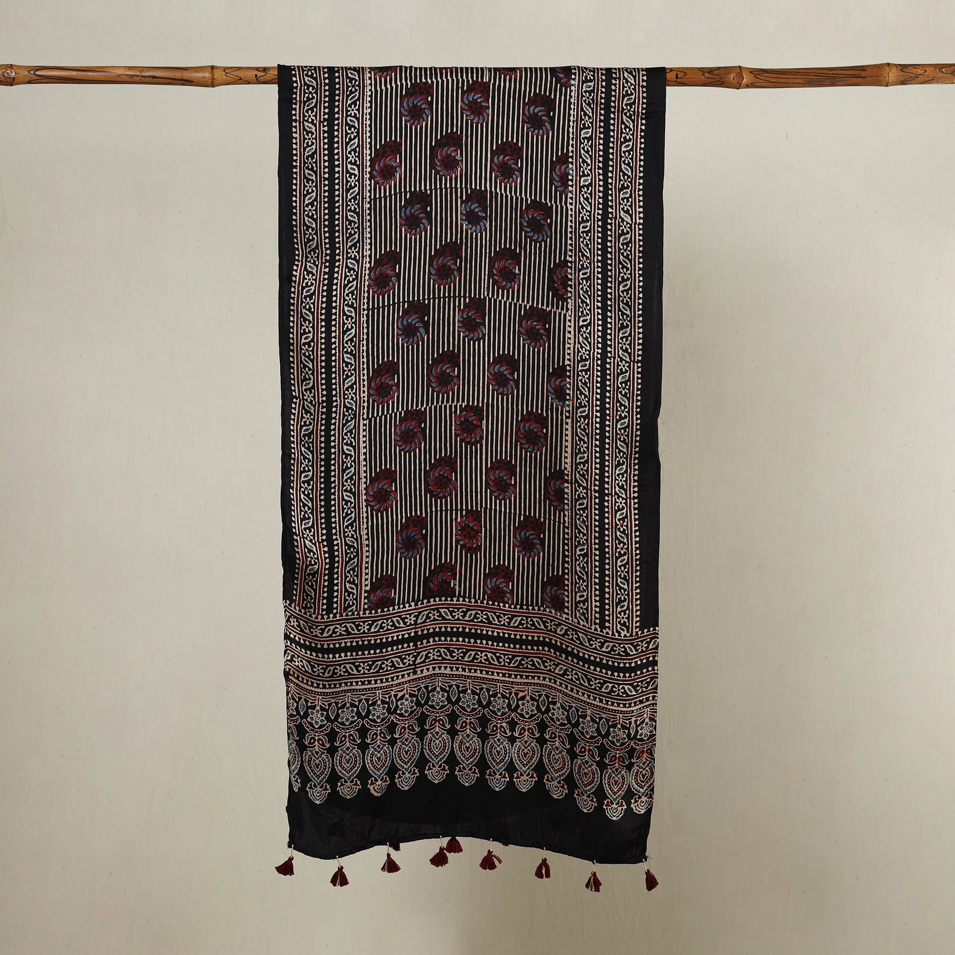 Black - Ajrakh Hand Block Printed Modal Silk Stole with Tassels