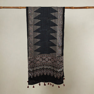 Black - Ajrakh Hand Block Printed Modal Silk Stole with Tassels