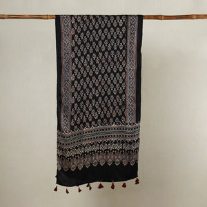 Black - Ajrakh Hand Block Printed Modal Silk Stole with Tassels