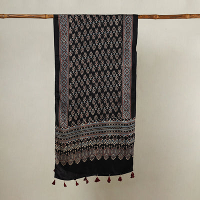 Black - Ajrakh Hand Block Printed Modal Silk Stole with Tassels