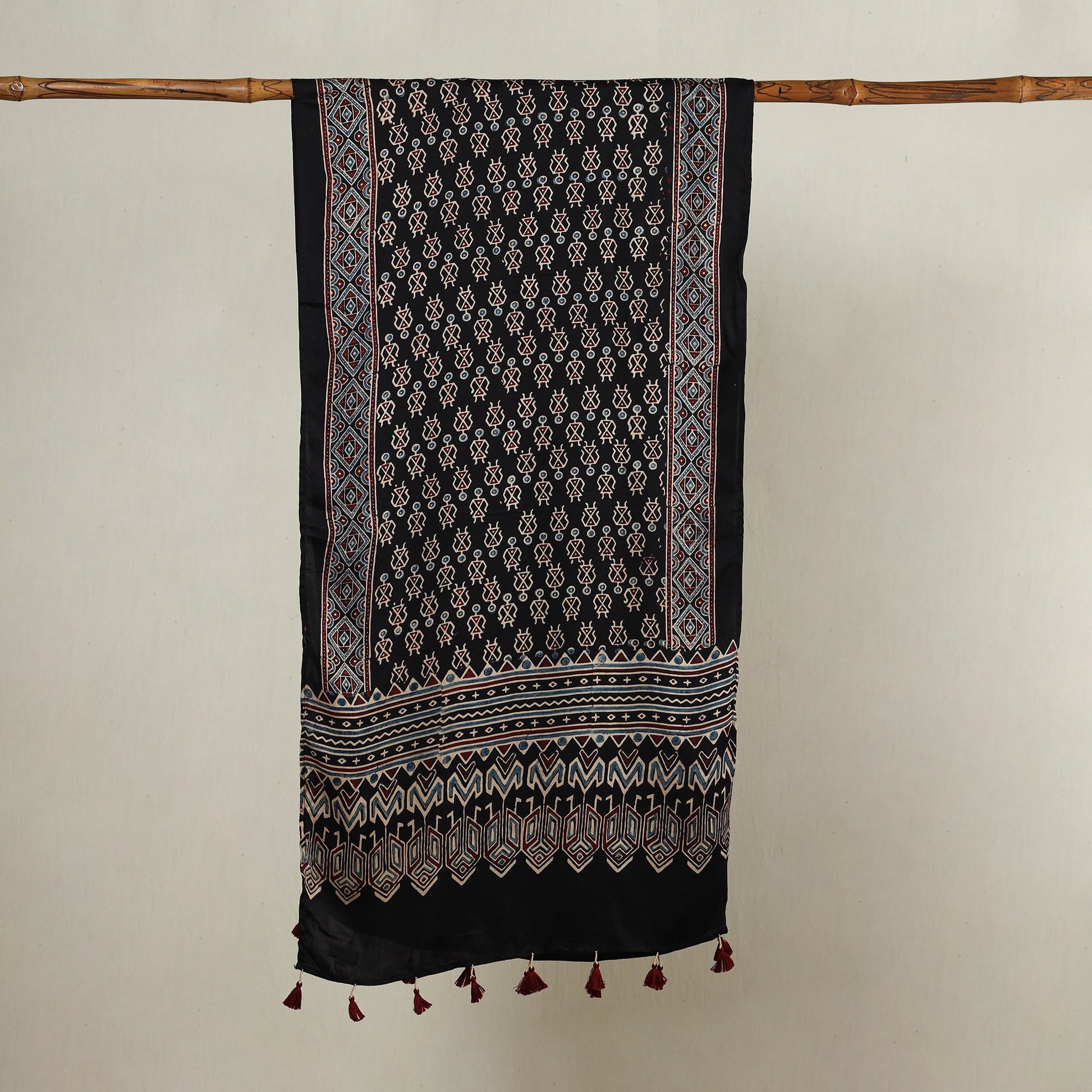 Black - Ajrakh Hand Block Printed Modal Silk Stole with Tassels