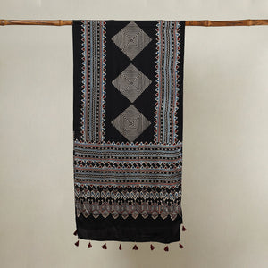 Black - Ajrakh Hand Block Printed Modal Silk Stole with Tassels