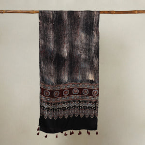 Black - Ajrakh Hand Block Printed Modal Silk Stole with Tassels