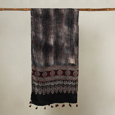 Black - Ajrakh Hand Block Printed Modal Silk Stole with Tassels