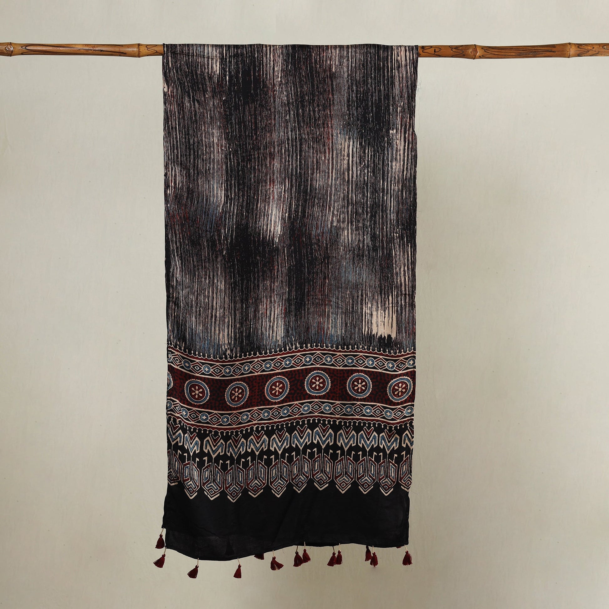 Black - Ajrakh Hand Block Printed Modal Silk Stole with Tassels