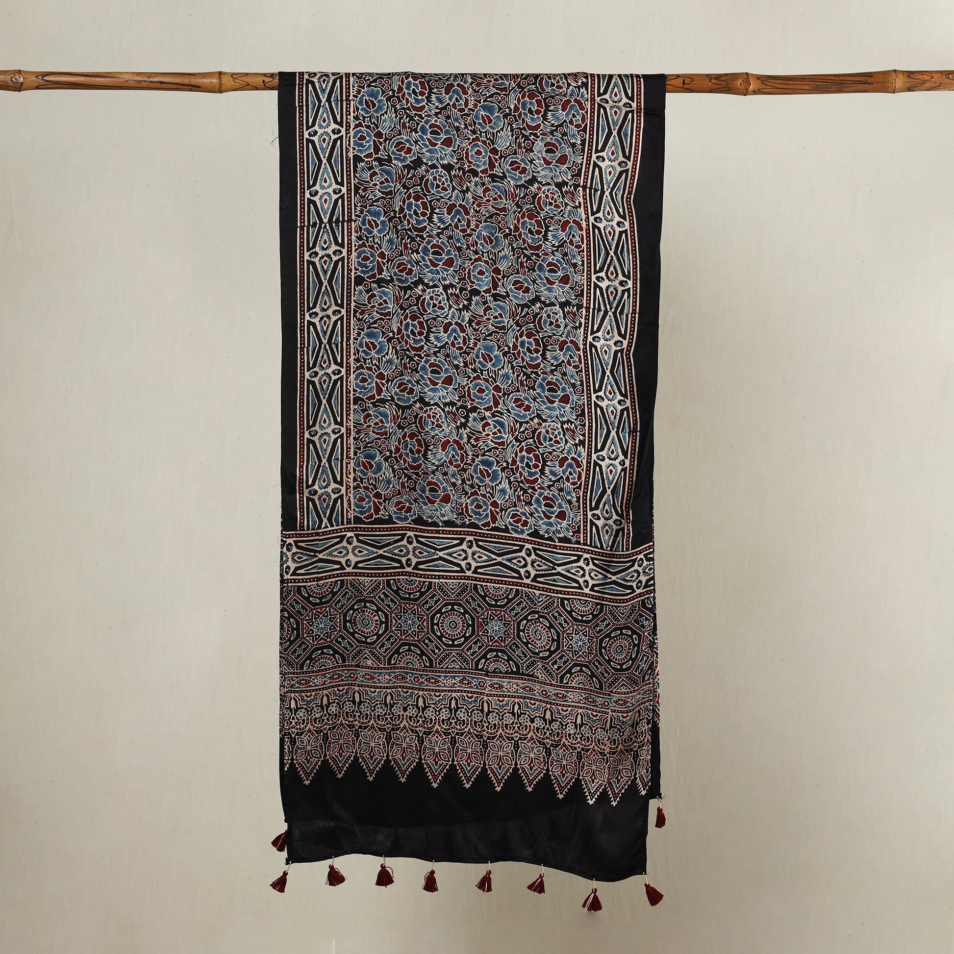 Black - Ajrakh Hand Block Printed Modal Silk Stole with Tassels
