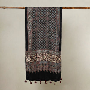 Black - Ajrakh Hand Block Printed Modal Silk Stole with Tassels