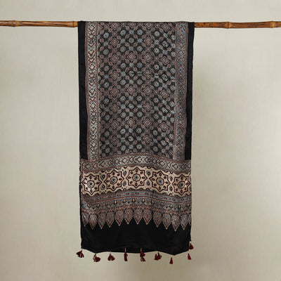 Black - Ajrakh Hand Block Printed Modal Silk Stole with Tassels