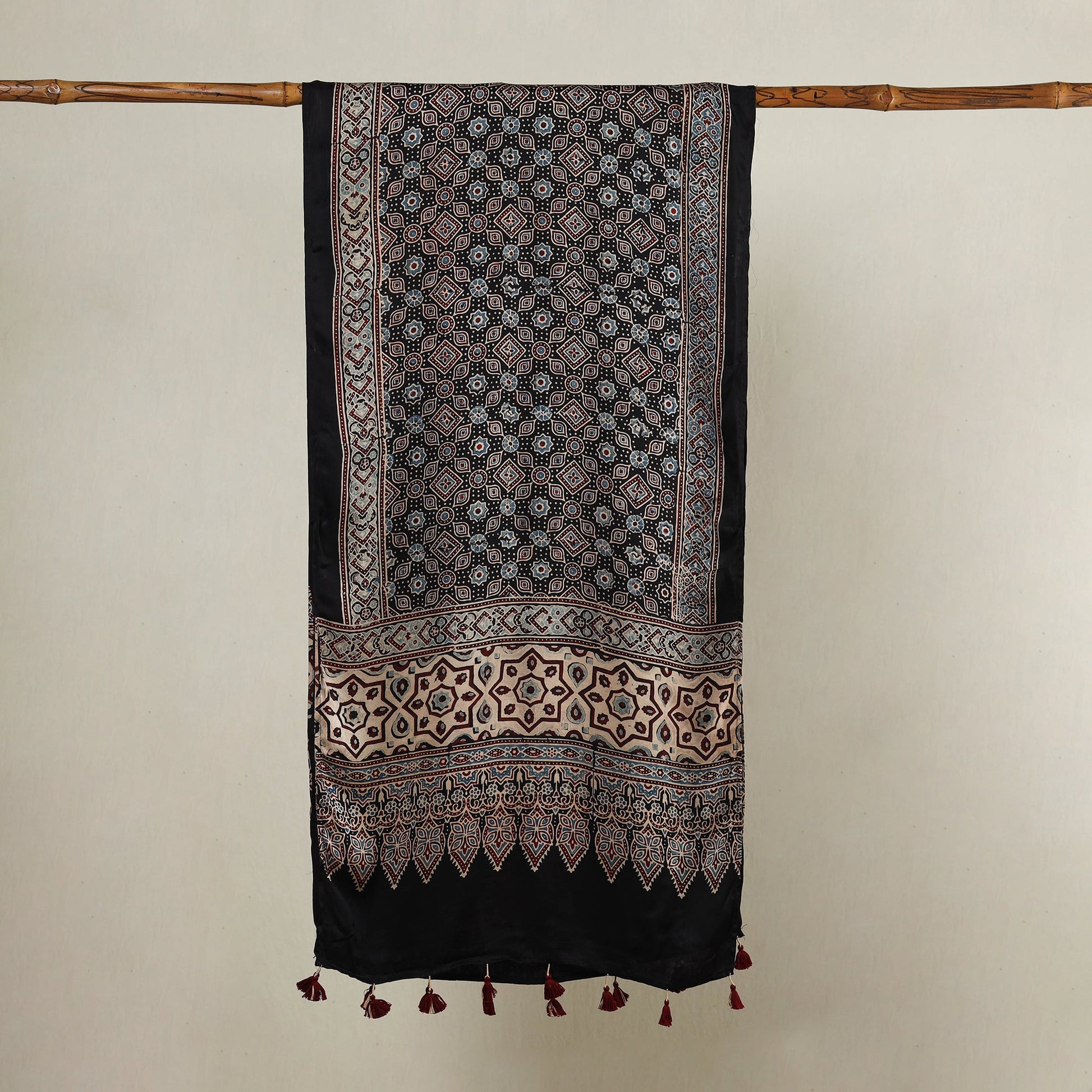 Black - Ajrakh Hand Block Printed Modal Silk Stole with Tassels