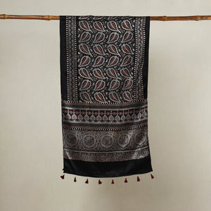 Black - Ajrakh Hand Block Printed Mashru Silk Stole with Tassels