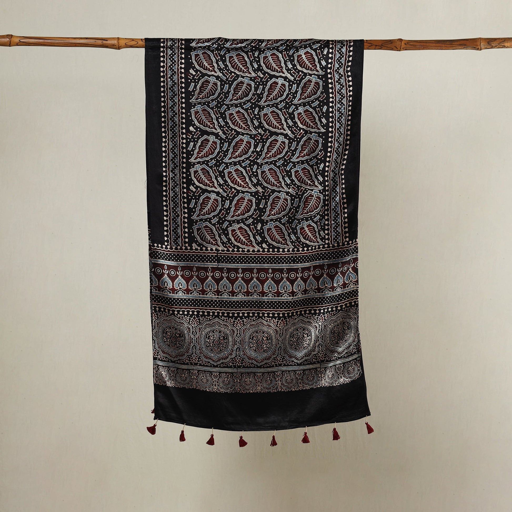 Black - Ajrakh Hand Block Printed Mashru Silk Stole with Tassels