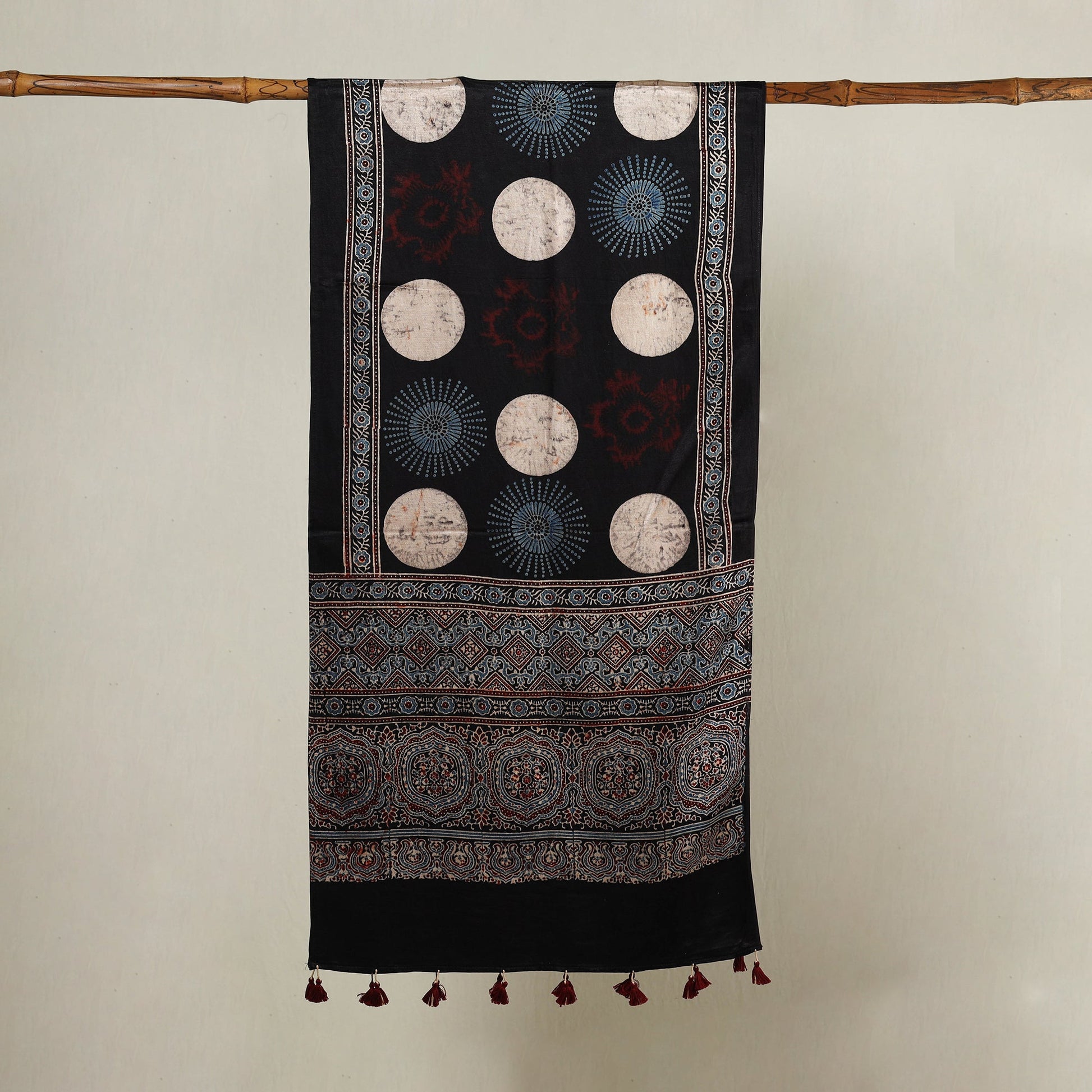 Black - Ajrakh Hand Block Printed Mashru Silk Stole with Tassels