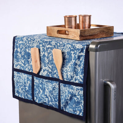 Blue - Bindaas Block Printing Handmade Cotton Fridge Top Cover with Multiple Pockets