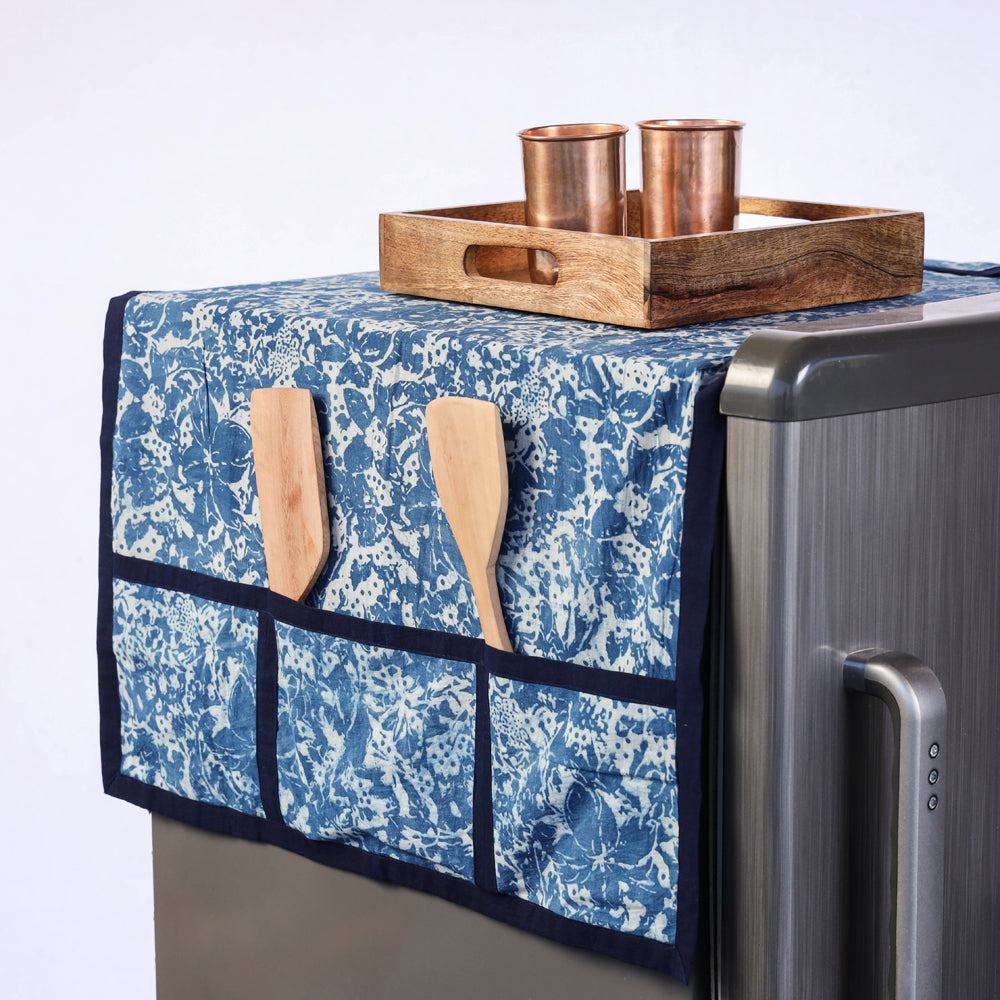 Blue - Bindaas Block Printing Handmade Cotton Fridge Top Cover with Multiple Pockets