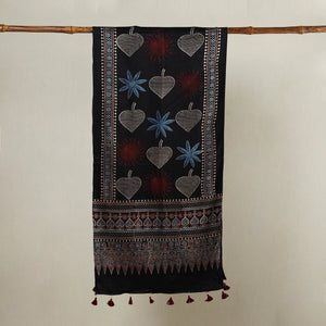 Black - Ajrakh Hand Block Printed Mashru Silk Stole with Tassels