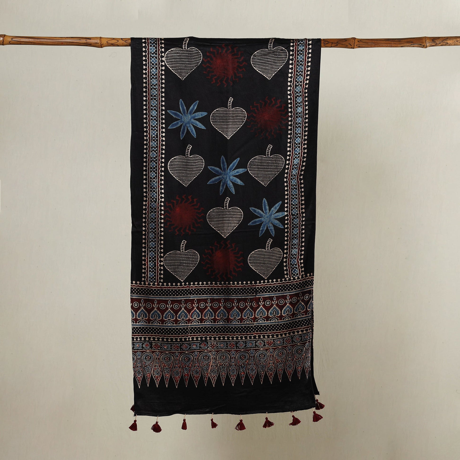Black - Ajrakh Hand Block Printed Mashru Silk Stole with Tassels