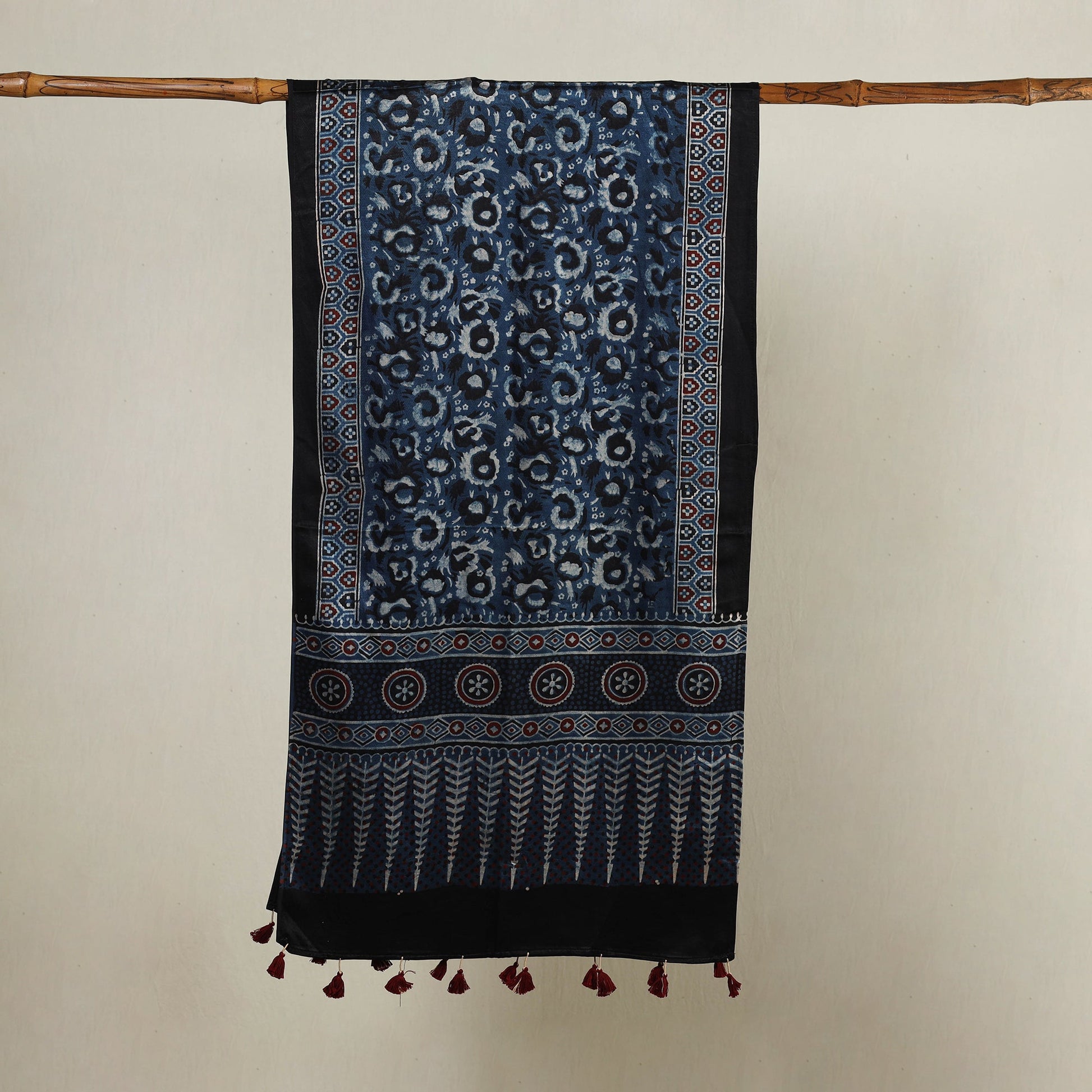 Blue - Ajrakh Hand Block Printed Mashru Silk Stole with Tassels
