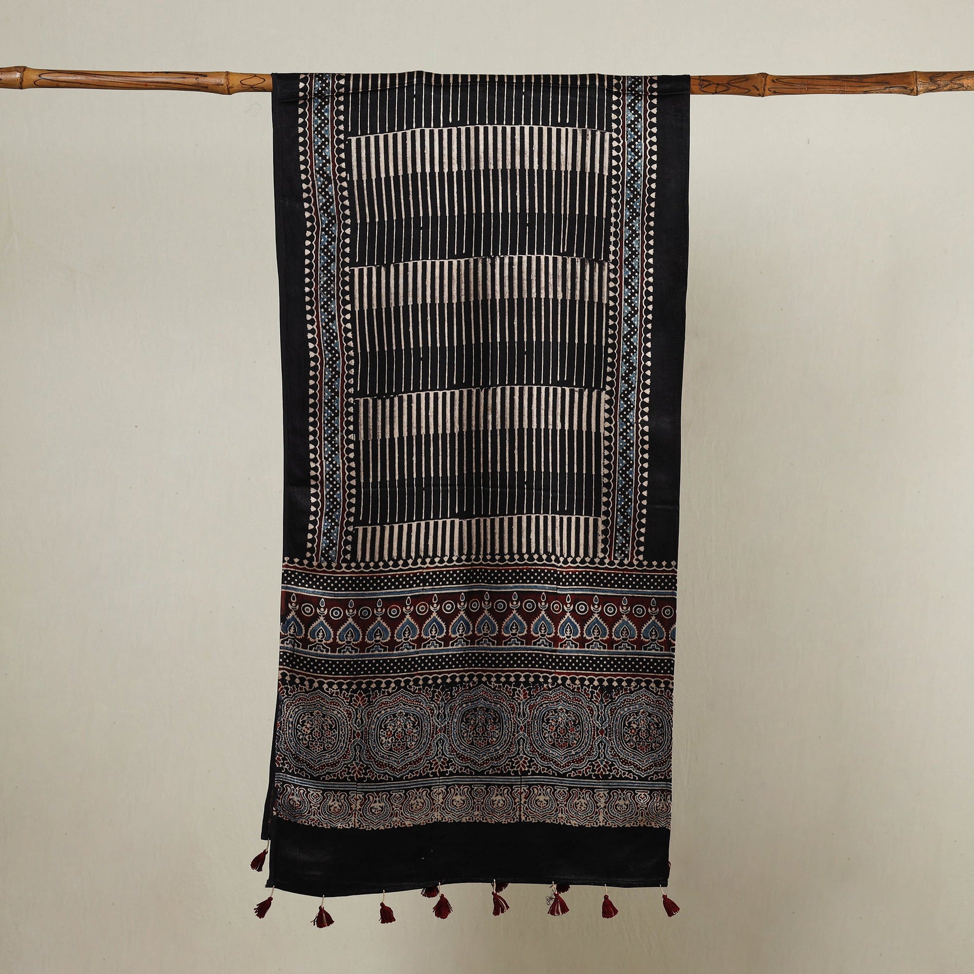 Black - Ajrakh Hand Block Printed Mashru Silk Stole with Tassels